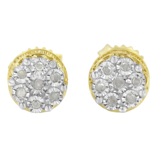 10K Yellow Gold over .925 Sterling Silver 1/7 Cttw Rose-Cut Miracle-Set Diamond Floral Cluster Button Stud Earrings (I-J Color, I3 Clarity) For Sale