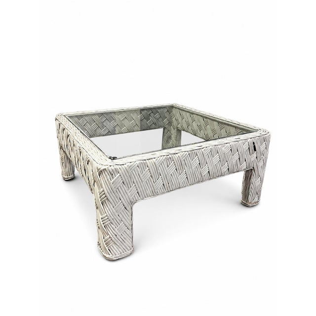 1980s 1980s Coastal White Woven Rattan Glass-Top Coffee Table For Sale - Image 5 of 7