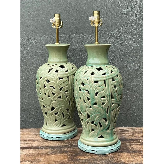 Vintage Cutout Green Ceramic Table Lamps - Pair For Sale - Image 4 of 12