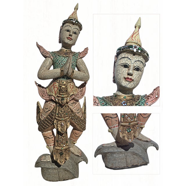 Extremely Rare Antique Thai Temple Guardian: Perfect Palette, Sacred Symbolism, 24.5" Hand-Caved Statue For Sale - Image 4 of 6