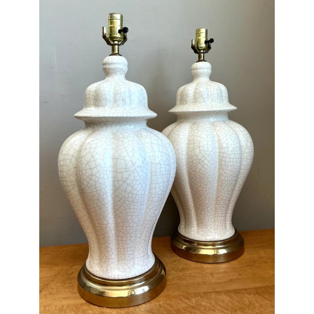Metal Vintage Crackle Glaze Ceramic Table Lamps - Pair For Sale - Image 7 of 12