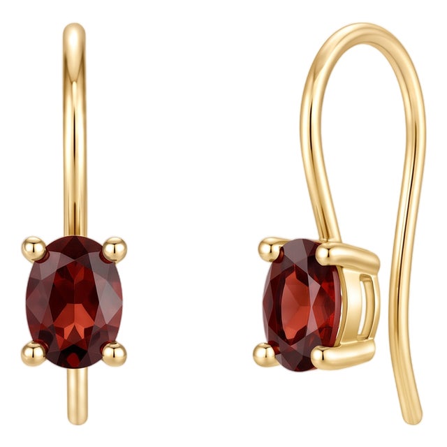 Deep Red Garnet Four-Prong Oval Solitaire Fish Hook Earrings in 18k Yellow Gold Plated - A Pair For Sale
