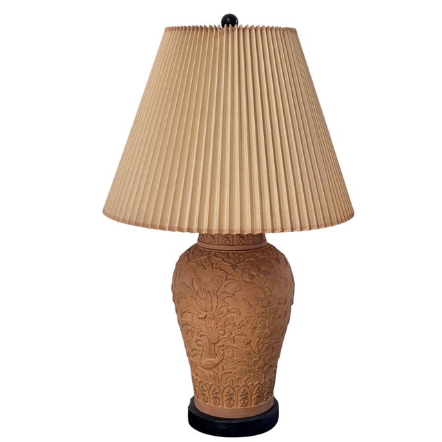 Chapman Manufacturing Company Vintage 1970's Chapman Chinoiserie Relief-Carved Terracotta Lamp W/ Original Shade For Sale - Image 4 of 12
