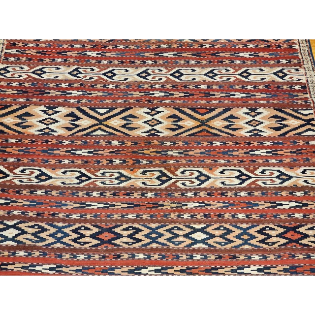 Red Antique Turkmen Yomut Soumak Kilim, Handwoven Wool, Geometric Pattern, Rust & Blue, 5x10 For Sale - Image 8 of 13