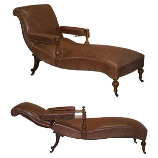 Victorian Brown Leather Recliner Chaise Lounge, 1860s For Sale