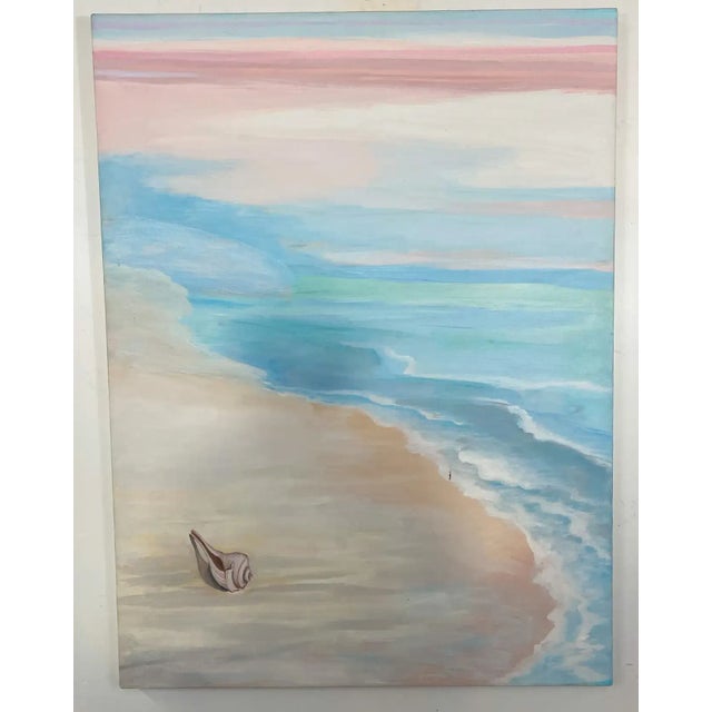 A three Piece oi on canvas painting depicting a serene scene of the beach painted in Pastel colors. The beach scene shows...