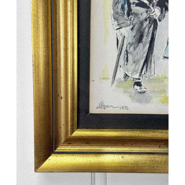 Paint Vintage 1976 Jewish Rabbi & Girl W/ Balloon Signed Watercolor Painting For Sale - Image 7 of 9