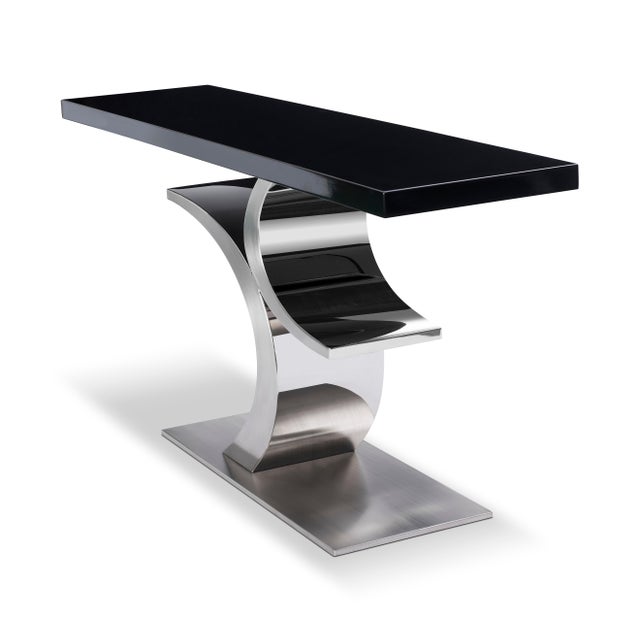 Modern Modern Greg Sheres Style Stainless Steel and Black Lacquer Console Table For Sale - Image 3 of 4