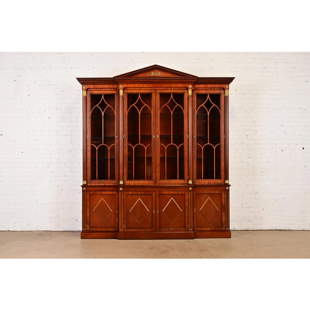 Kindel Furniture Neoclassical Carved Mahogany Breakfront Bookcase Cabinet For Sale - Image 18 of 18