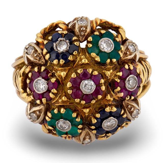 Contemporary Vintage Gemstone Bouquet Cluster 18k Gold Cocktail Ring, Size 8 For Sale - Image 3 of 6
