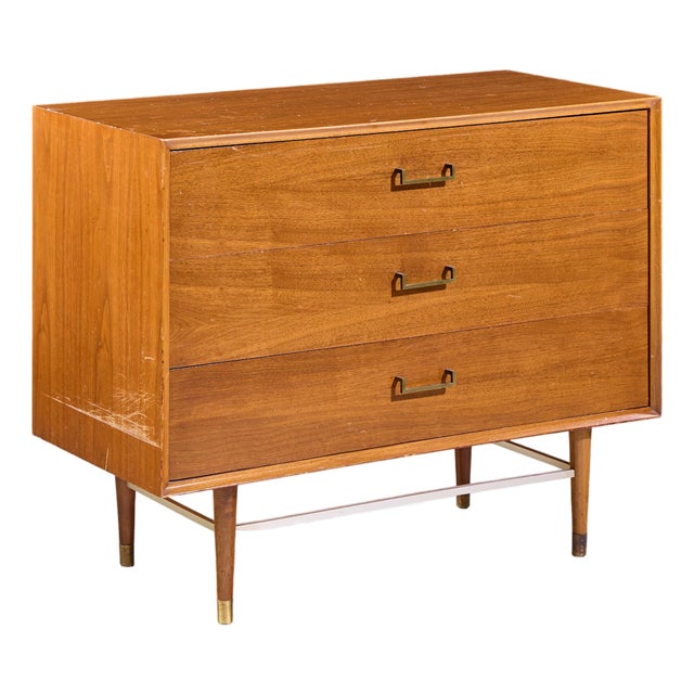 Paul McCobb Style Furnette Mid Century Walnut and Brass Three Drawer Dresser For Sale