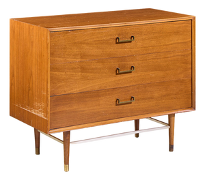 Paul McCobb Style Furnette Mid Century Walnut and Brass Three Drawer Dresser
