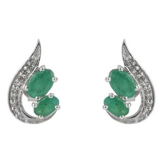 Petite Emerald and Diamond Curved Stud Earrings in Sterling Silver - A Pair For Sale