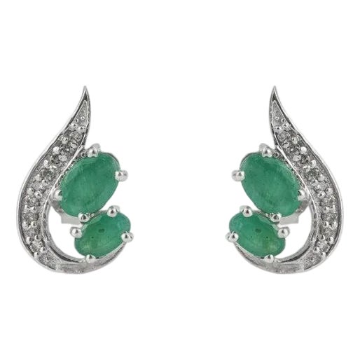 Petite Emerald and Diamond Curved Stud Earrings in Sterling Silver - A Pair For Sale