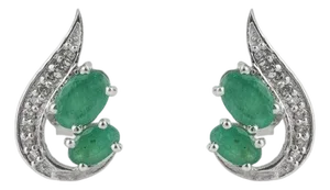 Petite Emerald and Diamond Curved Stud Earrings in Sterling Silver - A Pair