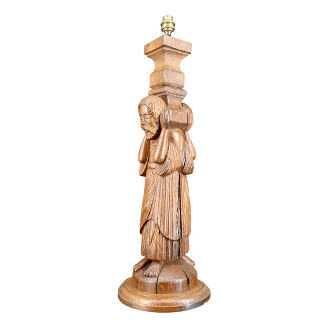 Gothic Revival Medieval Style Pilaster Lamp in Carved Oak, France, 20th Century For Sale