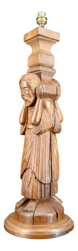 Gothic Revival Medieval Style Pilaster Lamp in Carved Oak, France, 20th Century