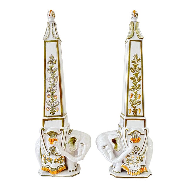 1960s Italian Terracotta Faience Elephant Obelisks With Finials, Made in Italy for Meiselman Imports, a Pair For Sale