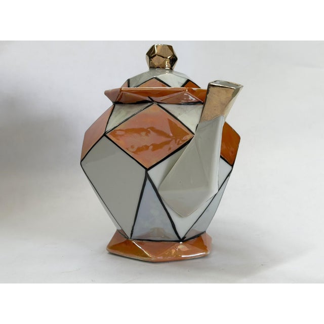 1920s Art Deco Teapot With Geometric Orange and White Pattern and Gold Luster Accents For Sale - Image 4 of 16