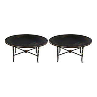 Pair of Vintage Black Lacquer Chinoiserie Coffee Table – Oval Gilt Peacock and Floral Motif Cocktail Table For Sale