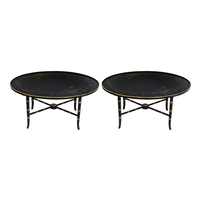 Pair of Vintage Black Lacquer Chinoiserie Coffee Table – Oval Gilt Peacock and Floral Motif Cocktail Table For Sale