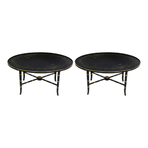 Pair of Vintage Black Lacquer Chinoiserie Coffee Table – Oval Gilt Peacock and Floral Motif Cocktail Table