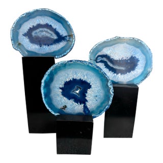Modern Brazilian Blue Agate Slices on High-Gloss Stand Pedestals - Set of 3 For Sale