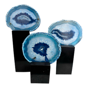 Modern Brazilian Blue Agate Slices on High-Gloss Stand Pedestals - Set of 3
