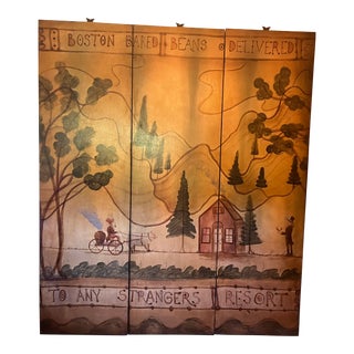 Three Paneled Painted Screen by Artist Kevin Paulsen, Boston Baked Beans Delivered For Sale
