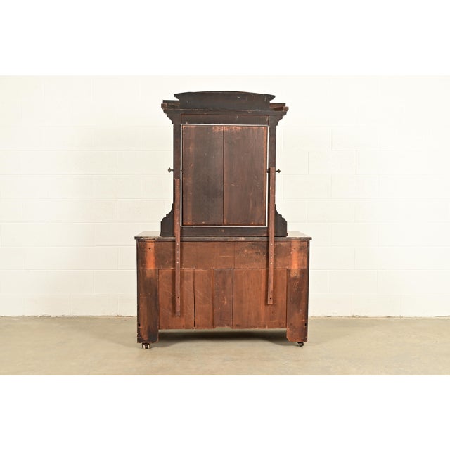 Herter Brothers Style Antique Eastlake Victorian Carved Burled Walnut Marble Top Dresser With Mirror, Circa 1880s For Sale - Image 16 of 17