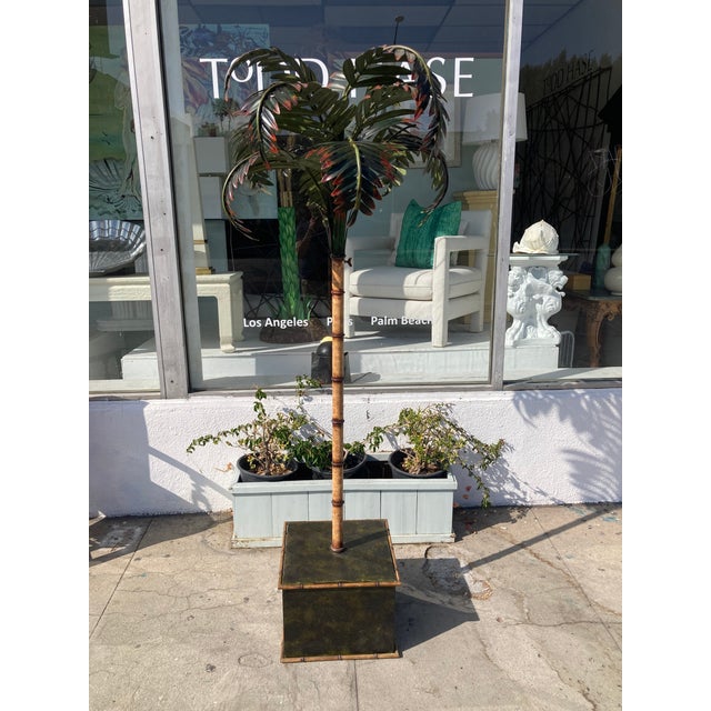 Jansen French Tole Life Size Palm Tree Mounted in Tole Planter Hand Painted For Sale - Image 10 of 11