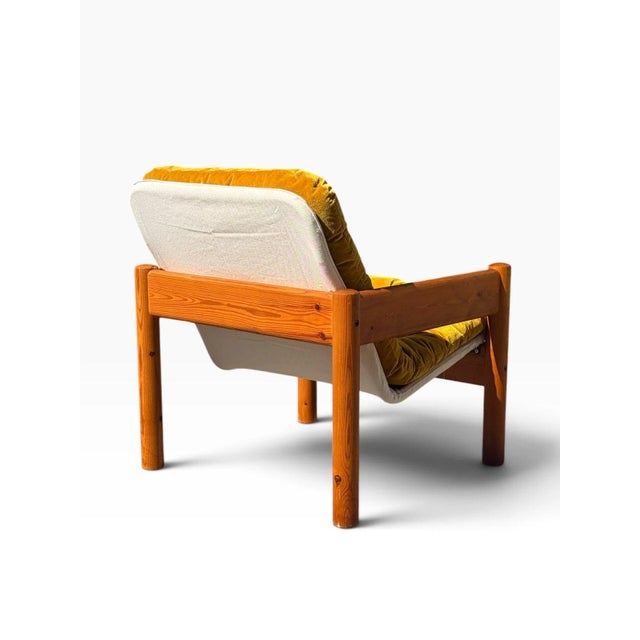Danish Modern Solid Pine Lounge Armchair | New Canvas Sling & Mustard Velvet Cushion | C. 1970s For Sale - Image 9 of 11