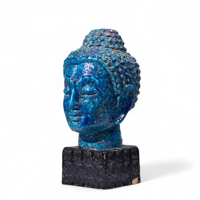 Mid-Century Modern Aldo Londi for Bitossi Mid Century Blue Buddha Bust For Sale - Image 3 of 9