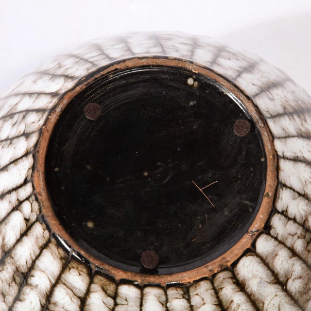 Mid-Century Modernist White & Earth Toned Ceramic Bowl With Vertical Banding For Sale - Image 9 of 11
