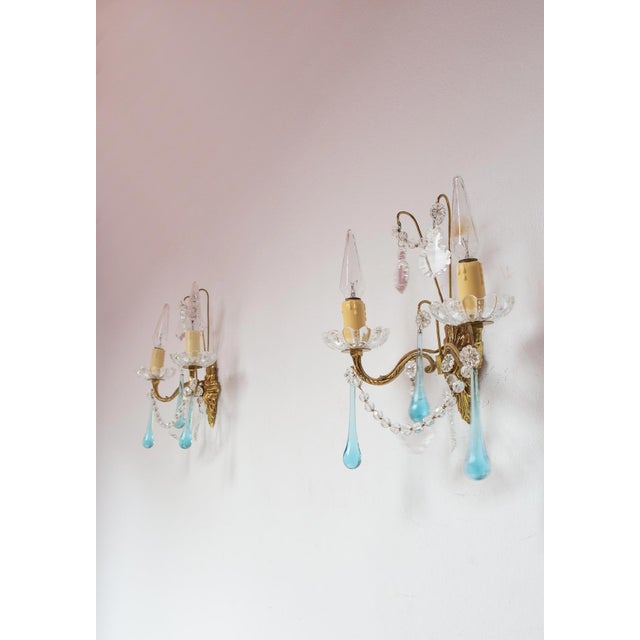 1960s French Brass Wall Sconces with Blue Glass Drops, 1950s, Set of 2 For Sale - Image 5 of 7