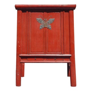 Antique Chinese Asian Red Lacquer Butterfly Cabinet ~ Wedding Storage Chest For Sale