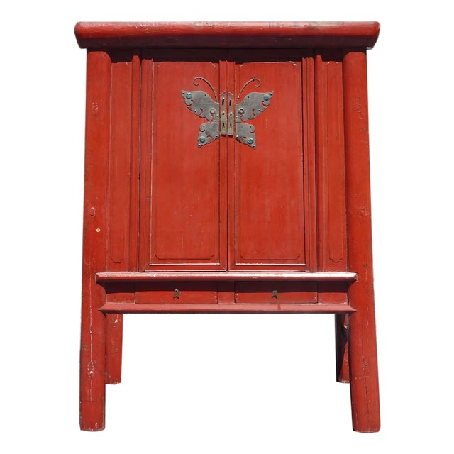 Antique Chinese Asian Red Lacquer Butterfly Cabinet ~ Wedding Storage Chest For Sale