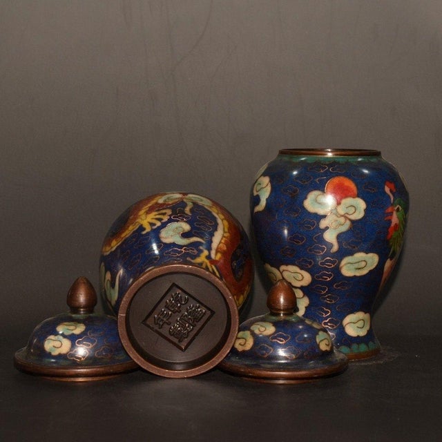 Pair of Vintage Chinese Cloisonné Dragon & Phoenix Ginger Jars With Copper Finials For Sale - Image 4 of 9