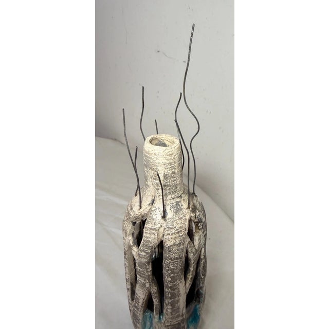 Vintage Signed Dierdre Handmade Brutalist Green Pottery Wire Vase Bottle Art For Sale - Image 9 of 14