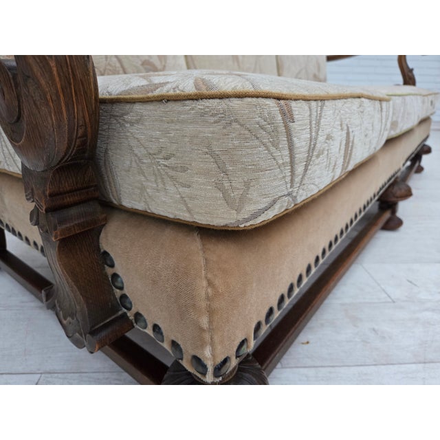 1950s Vintage Danish Three-Seater Sofa in Furniture Fabric and Carved Oak, 1950s For Sale - Image 5 of 18