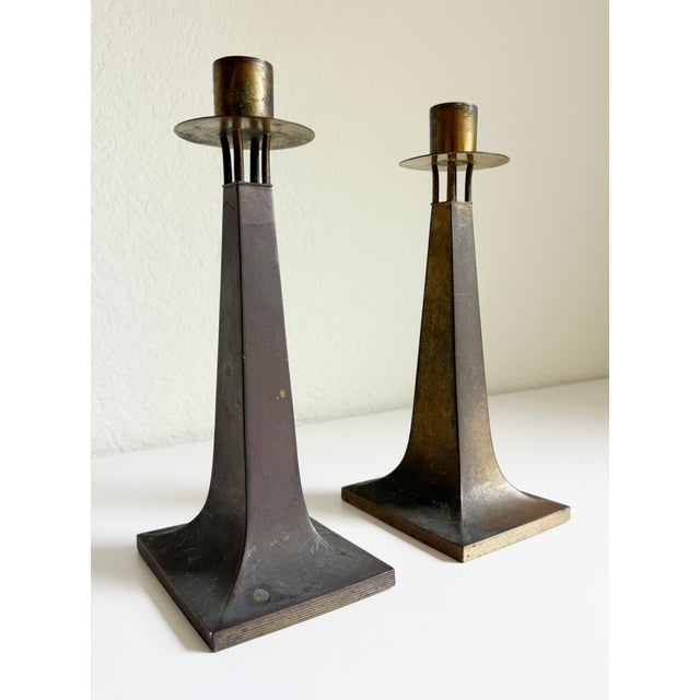 Burnt Umber Arts & Crafts Era Brass Candle Holders, a Pair, Early 20th C For Sale - Image 8 of 11