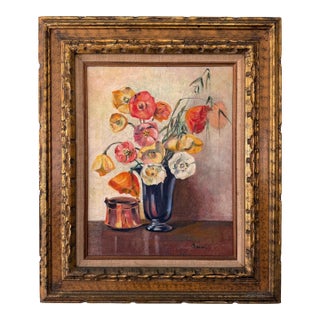 Vintage Mid-Century Oil on Canvas Still Life of Poppies & Copper Pot, Framed For Sale