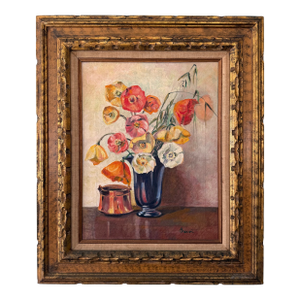Vintage Mid-Century Oil on Canvas Still Life of Poppies & Copper Pot, Framed