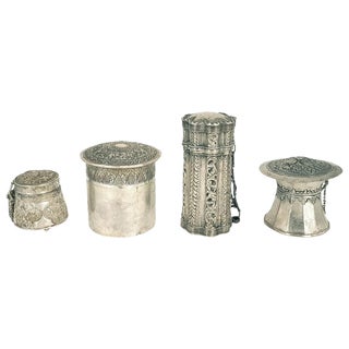 Vessels with Indonesian Lids in Repoussé Silver, Set of 4 For Sale