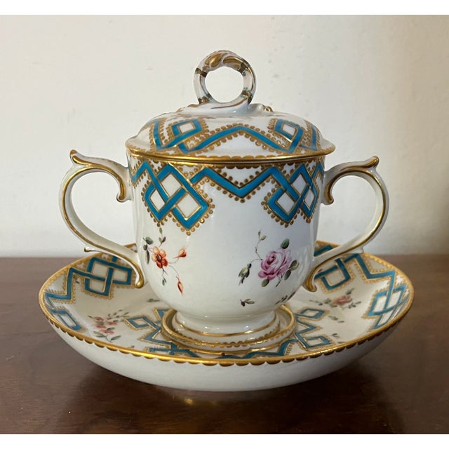 Antique 18th century William Duesbury Chelsea Derby porcelain double handled caudle or chocolate cup, cover & saucer circa...