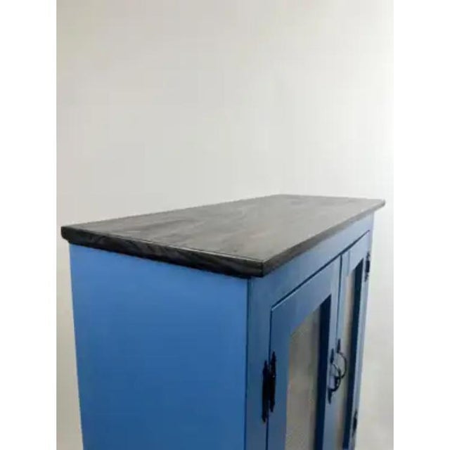 Modern Farmhouse Blue Solid Pin With Silver-Tone Mesh Doors Server or Cabinet For Sale - Image 9 of 13