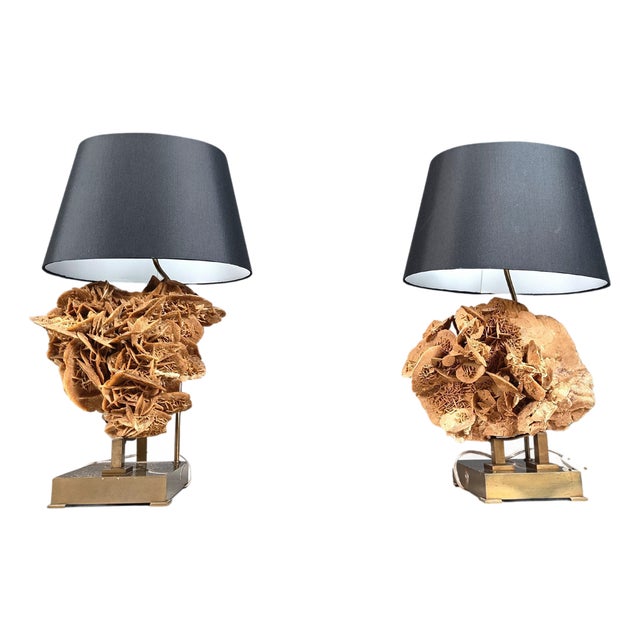 Stone Rose and Brass Table Lamps, 1970s, Set of 2 For Sale