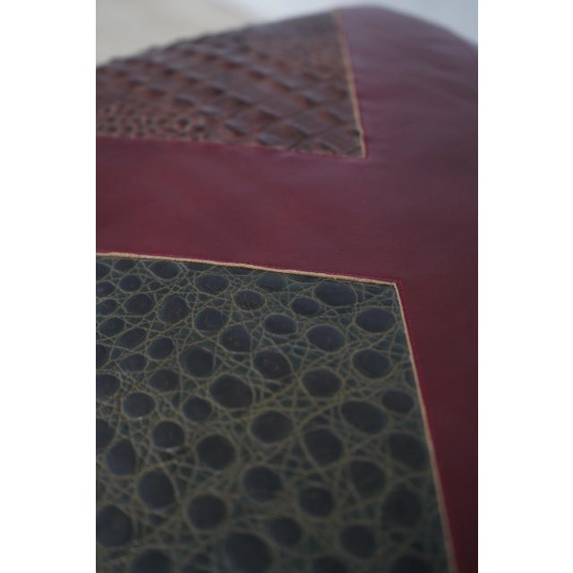 Red Pair Fine Quality Leather Seat Iron Base X Benches For Sale - Image 8 of 12