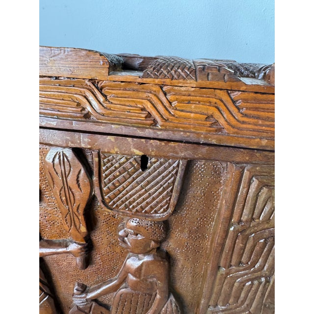 Brown Vintage African Benin (Nigeria) Hand-Carved Wooden Chest Honoring the Oba of Benin/ Sold For Sale - Image 8 of 12