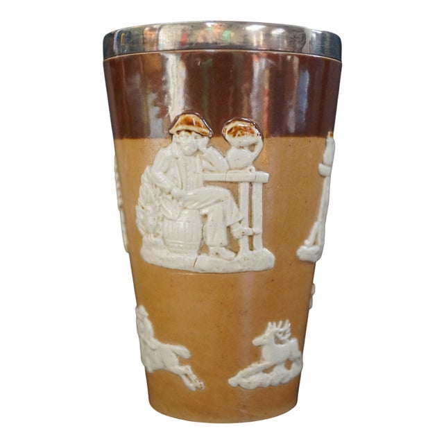 Antique Royal Doulton Harvest Hunt Beaker with Silver Rim, 1896 For Sale